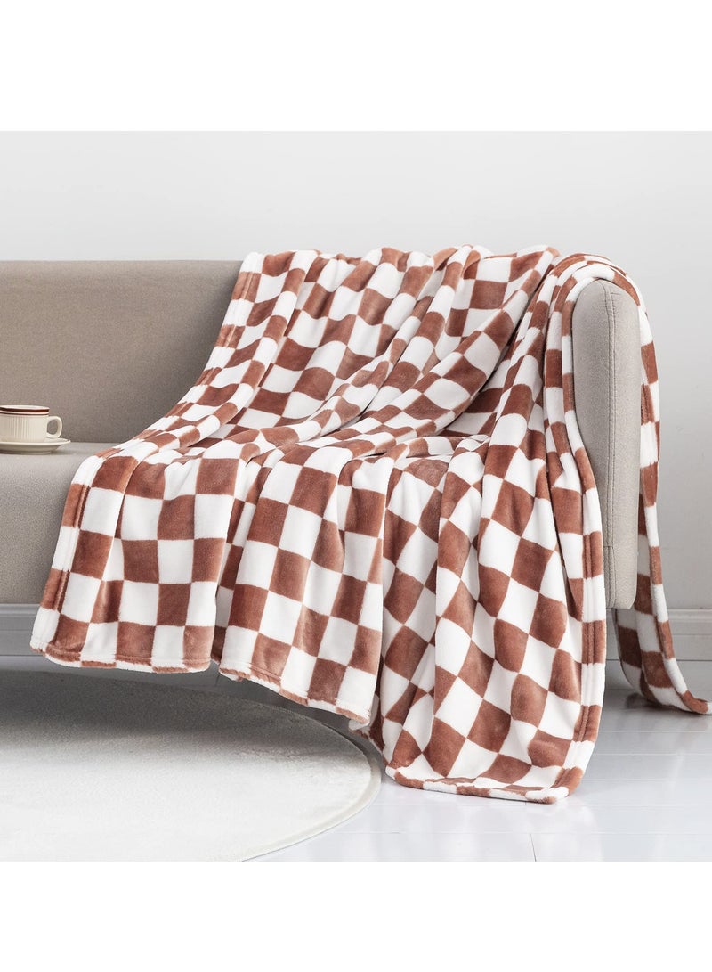 Soft Throw Blanket, Reversible Checkerboard Caramel, Warm Cozy Fluffy Plush Lightweight Blanket for Couch, Sofa, Bed