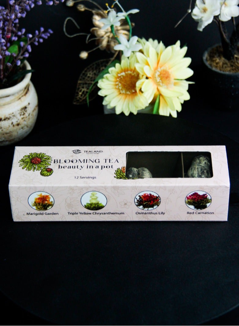 Blooming Tea Gold Gift Box Hand Rolled Flowering Tea Balls Non-Caffeinated 100% Natural Ingredients Stress Relief & Health Support