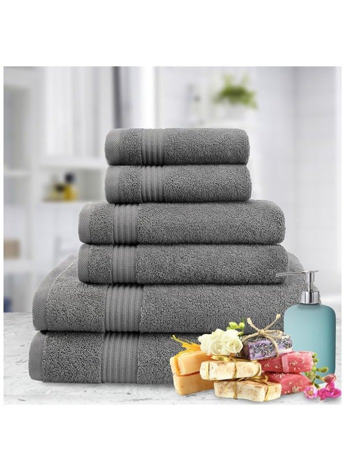 Towel Set Luxury Hotel Quality 500 GSM Genuine Combed Cotton, Super Soft & Absorbent Family Bath Towels 6 Piece Set -  2 Bath Towels, 2 Hand Towels, 2 Washcloths - Dark Grey