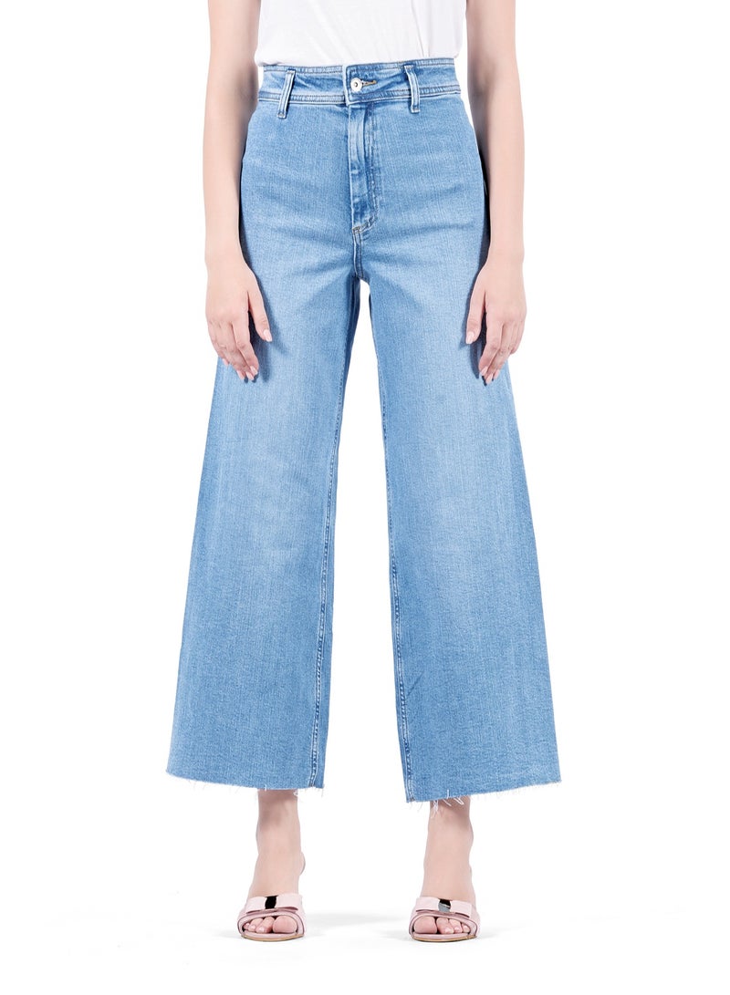 Web Denim High Waist Stretch Jeans for Women - Cut Hem, Wide Leg Denim Pants