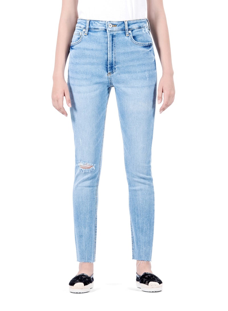 Web Denim Women's High Waist Skinny Jeans - Stretch Denim, Knee Rip, Cut Hem, Slim Fit Pants
