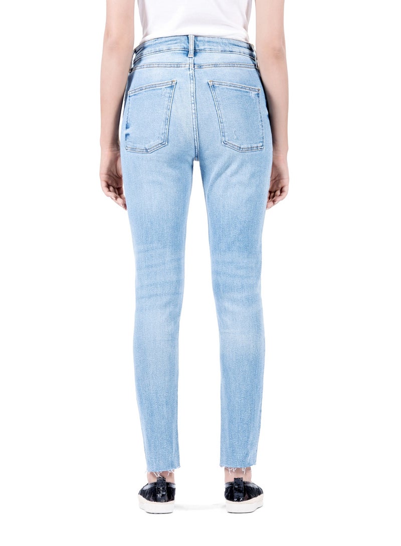 Web Denim Women's High Waist Skinny Jeans - Stretch Denim, Knee Rip, Cut Hem, Slim Fit Pants
