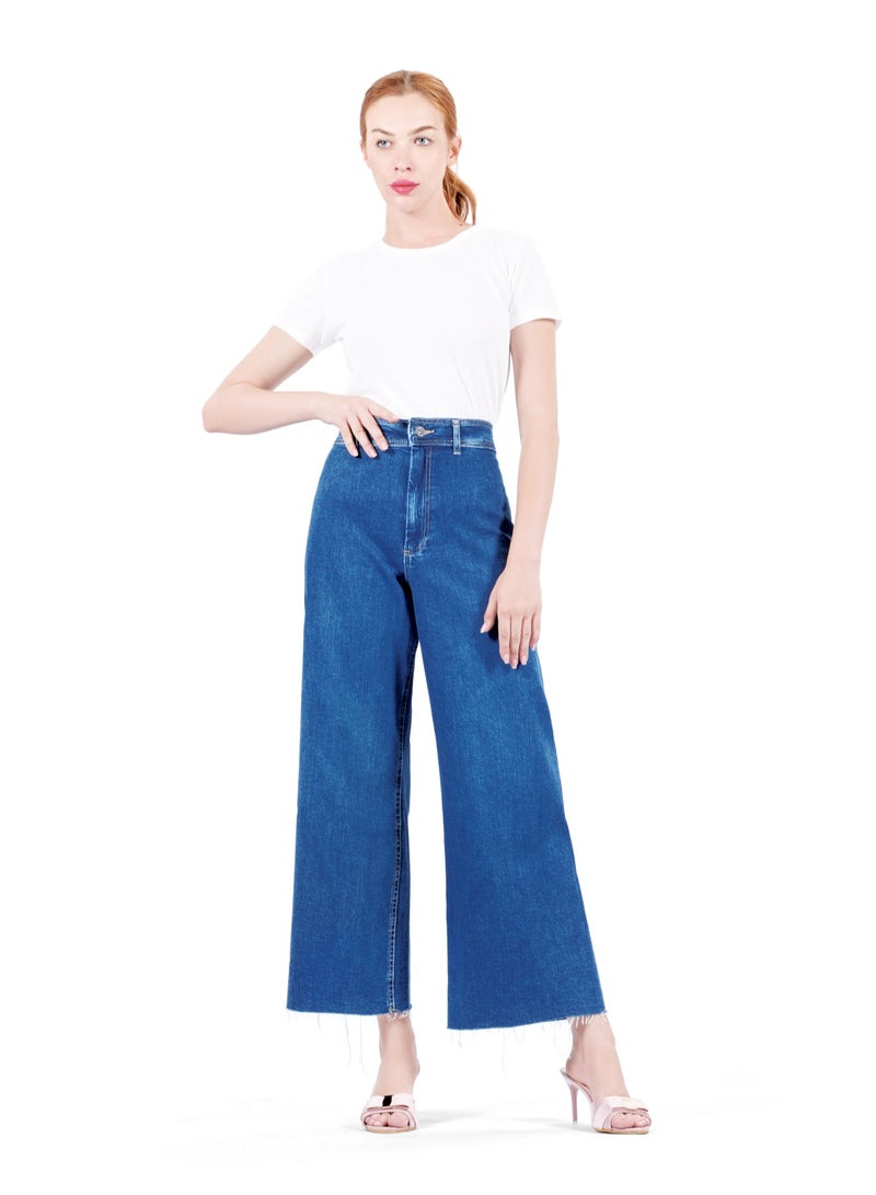 Web Denim Women's High Waist Stretch Jeans - Cut Hem, Wide Leg Denim Pants for Women