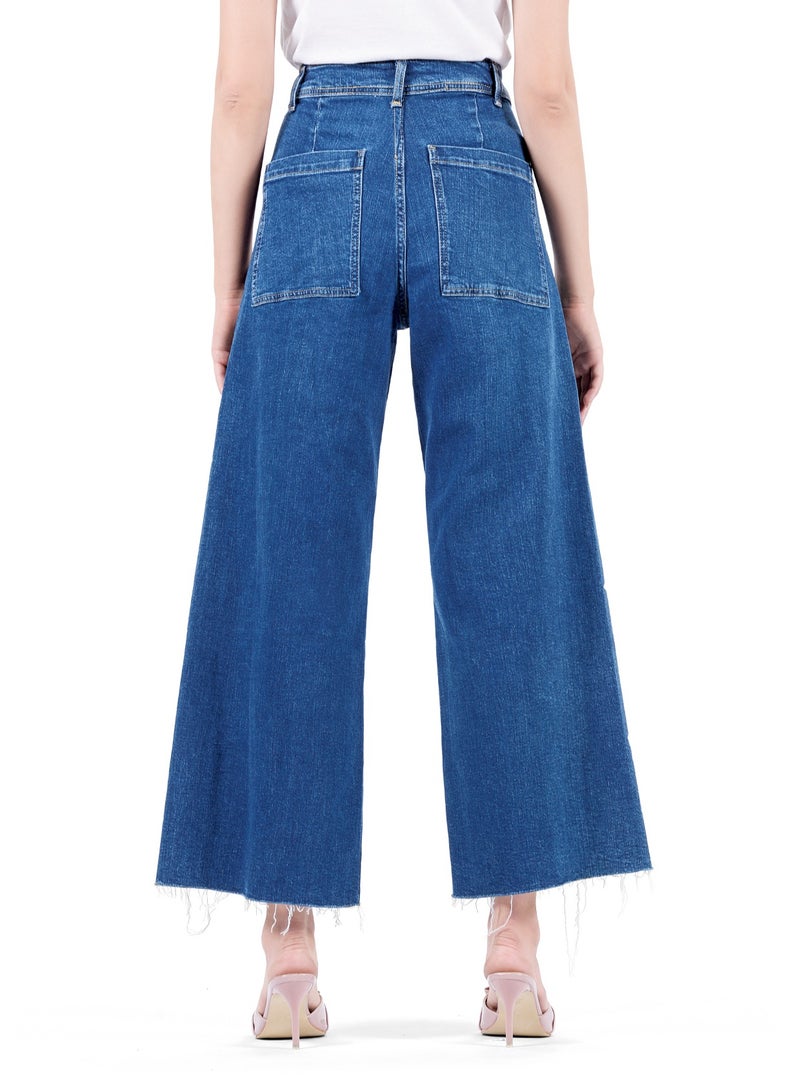 Web Denim Women's High Waist Stretch Jeans - Cut Hem, Wide Leg Denim Pants for Women