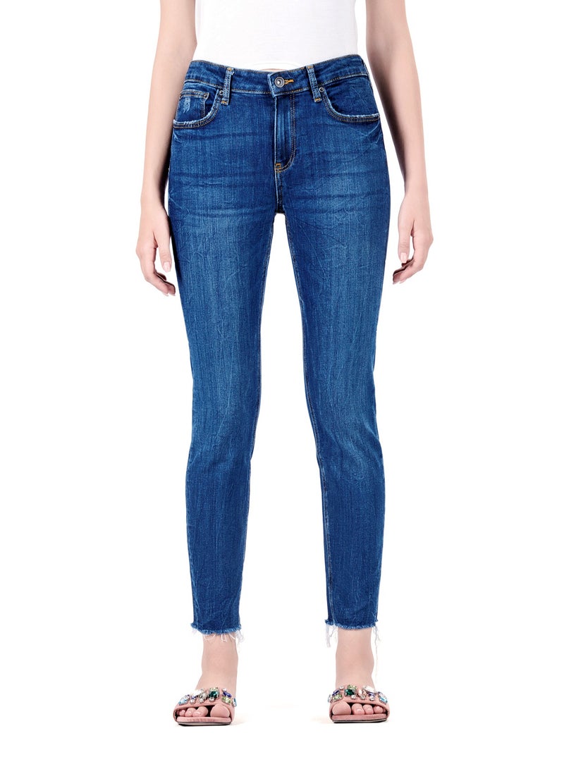Web Denim Women's Mid Rise Stretchable Skinny Jeans - Distressed, Open Hem, Slim Fit Denim Pants