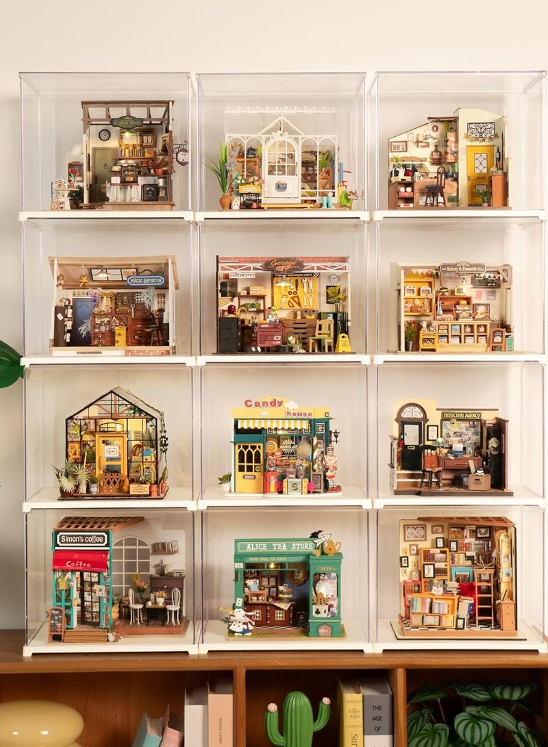 Rolife Miniature House Display Box Dust Cover DF03L  for Miniature House Building Sets, Stackable Acrylic Display Case with Door Dustproof Prevention (10.6x8.6x8.5inch)