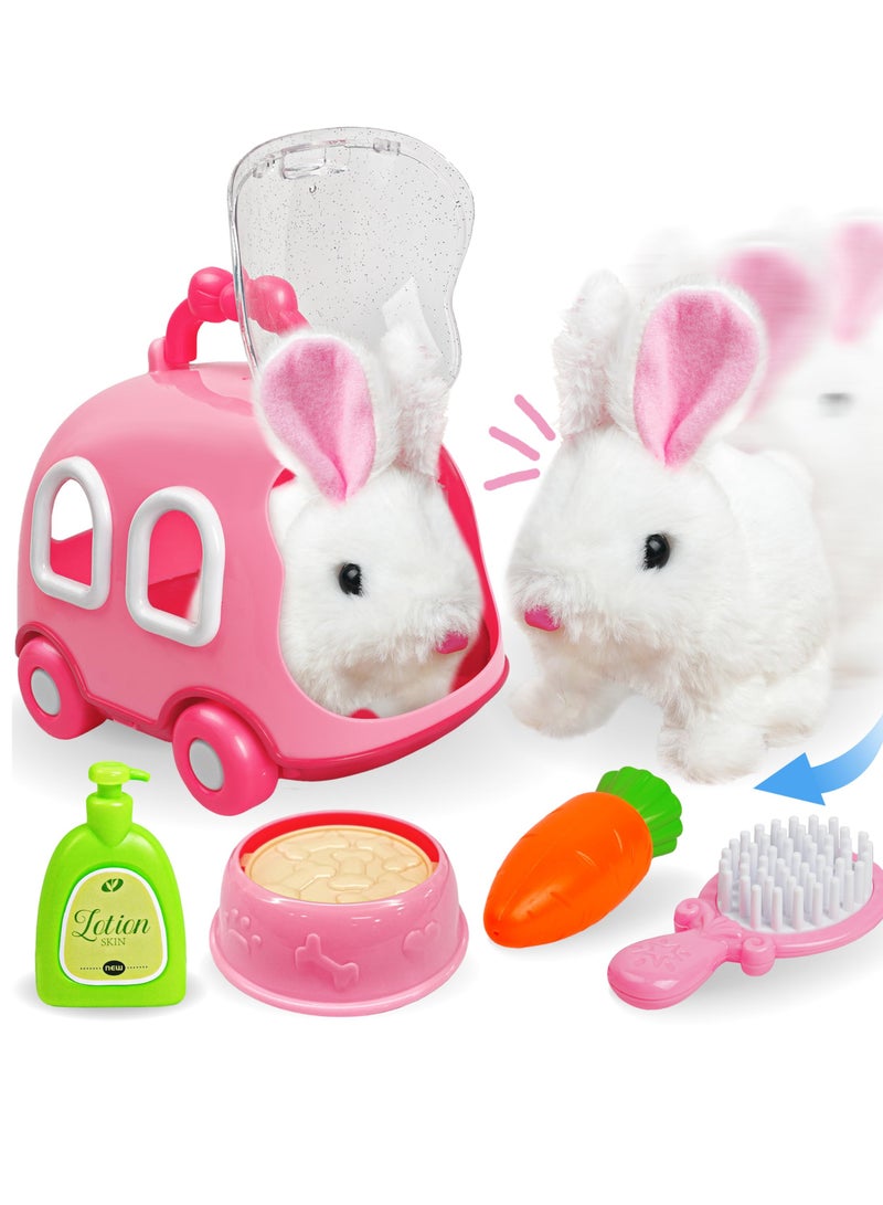 Hopping Bunny Toys for Girls, Electronic Jumping Rabbit with Wiggle Ears and Twitch Nose, Storage Cage and Accessories, Interactive Pet Gifts for Toddlers Ages 2-6