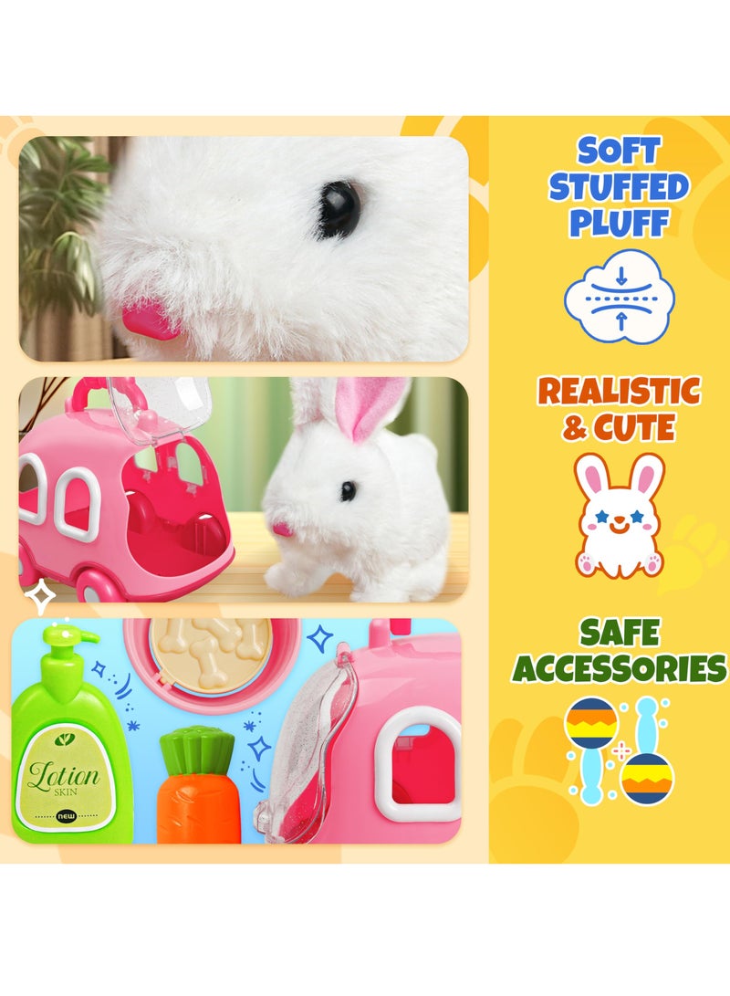 Hopping Bunny Toys for Girls, Electronic Jumping Rabbit with Wiggle Ears and Twitch Nose, Storage Cage and Accessories, Interactive Pet Gifts for Toddlers Ages 2-6