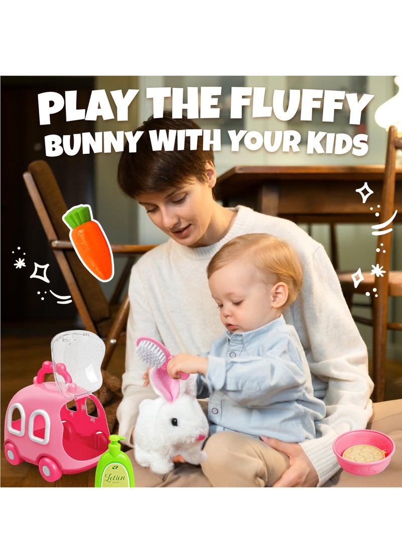 Hopping Bunny Toys for Girls, Electronic Jumping Rabbit with Wiggle Ears and Twitch Nose, Storage Cage and Accessories, Interactive Pet Gifts for Toddlers Ages 2-6