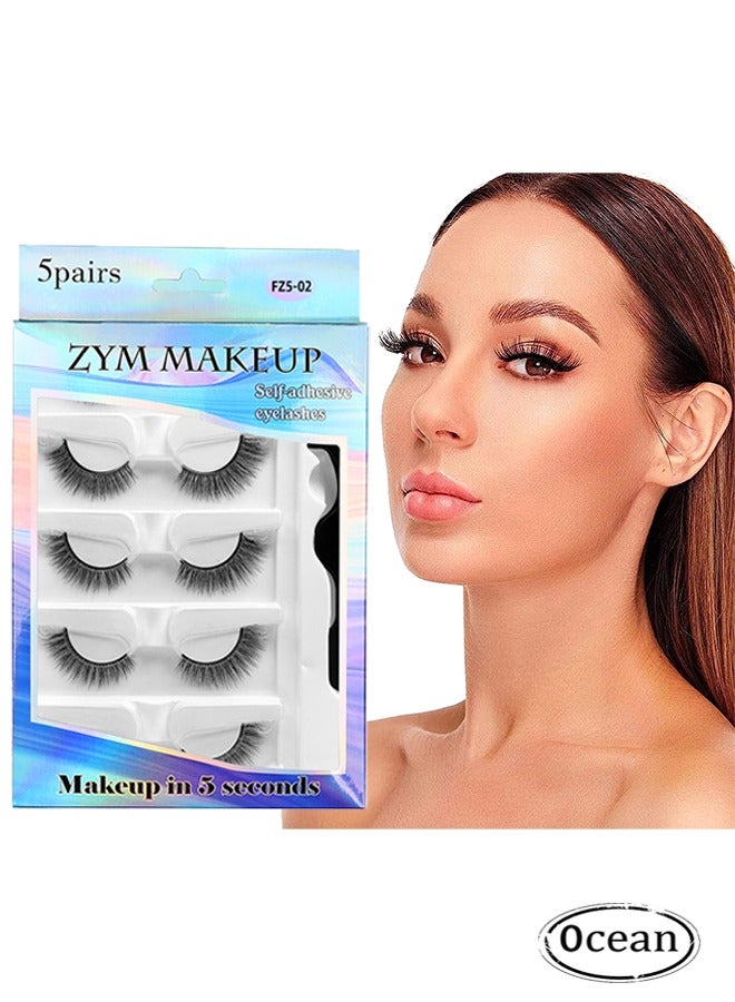 5 Pairs Self Adhesive False Eyelashes, Reusable Self Adhesive Eyelashes Natural Look, No Glue Needed, Self Sticking Fake Lashes, Fake Eyelashes Kit with Tweezers, False Eyelashes for Beginners