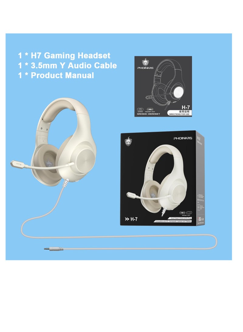 Wired Gaming Headset with 7.1 Surround Sound, H-7 Gaming Over Ear Headphones with Noise Cancelling, Flexible Mic, Memory Earmuffs, Wired Headset for PC/PS5/VS/Xbox Series X/S/Switch, White