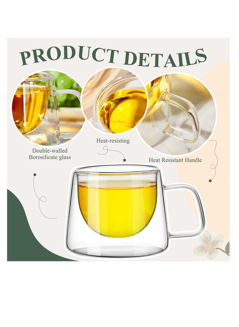 Double Wall Glass Coffee Mugs 6.8 oz, 6 Pcs Clear Insulated Coffee Mugs with Square Handle, Glass Heat Resistant Coffee Cups Tea Cups Gift Set for Espresso, Cappuccino, Latte, Tea, Beverage