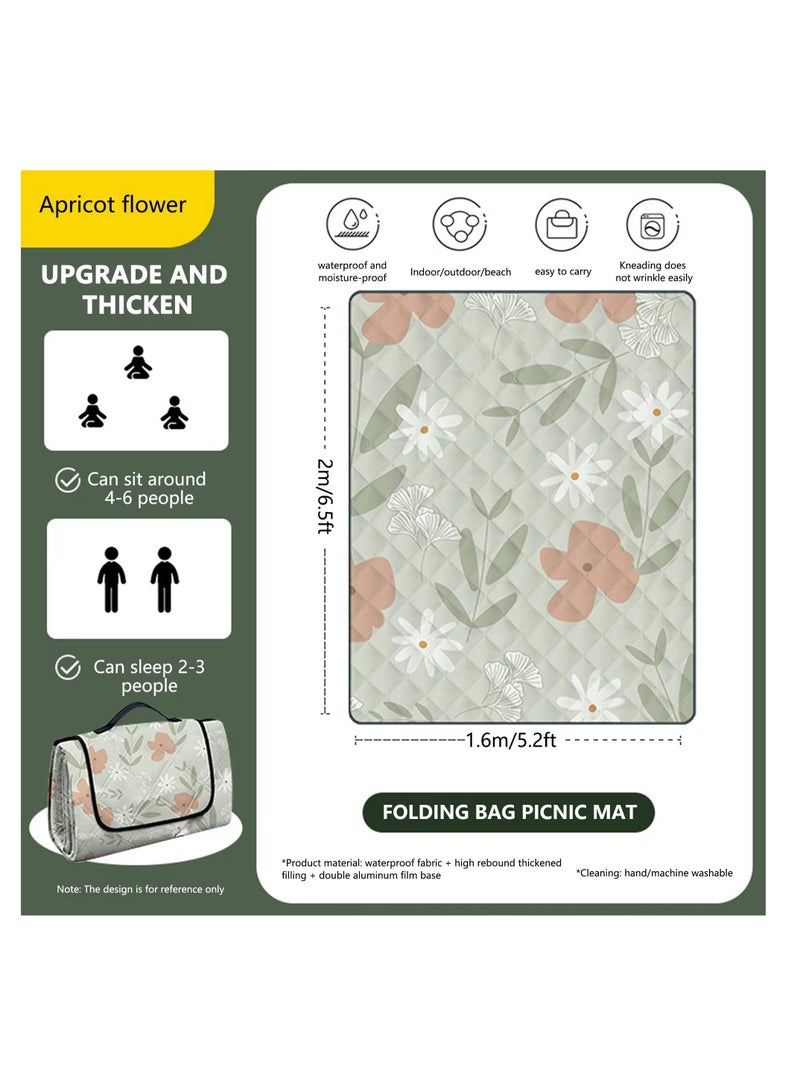 Foldable Picnic Blanket, Picnic Mat for Camping (160 * 200cm ), Waterproof, Spring Trip, and Outdoor Activities, Ideal for Family Picnics, Beach Outings and Hiking Adventures (Apricot Flower Pattern)