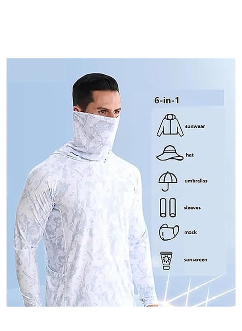 6-In-1 Professional Upf50+ Fishing Clothing, with Face Mask Long Sleeve Sun Protection Quick Dry Fishing Hoodie, Cool Fabric, Lightweight and Breathable Sun Protection Clothing, 1 Pcs, XXL