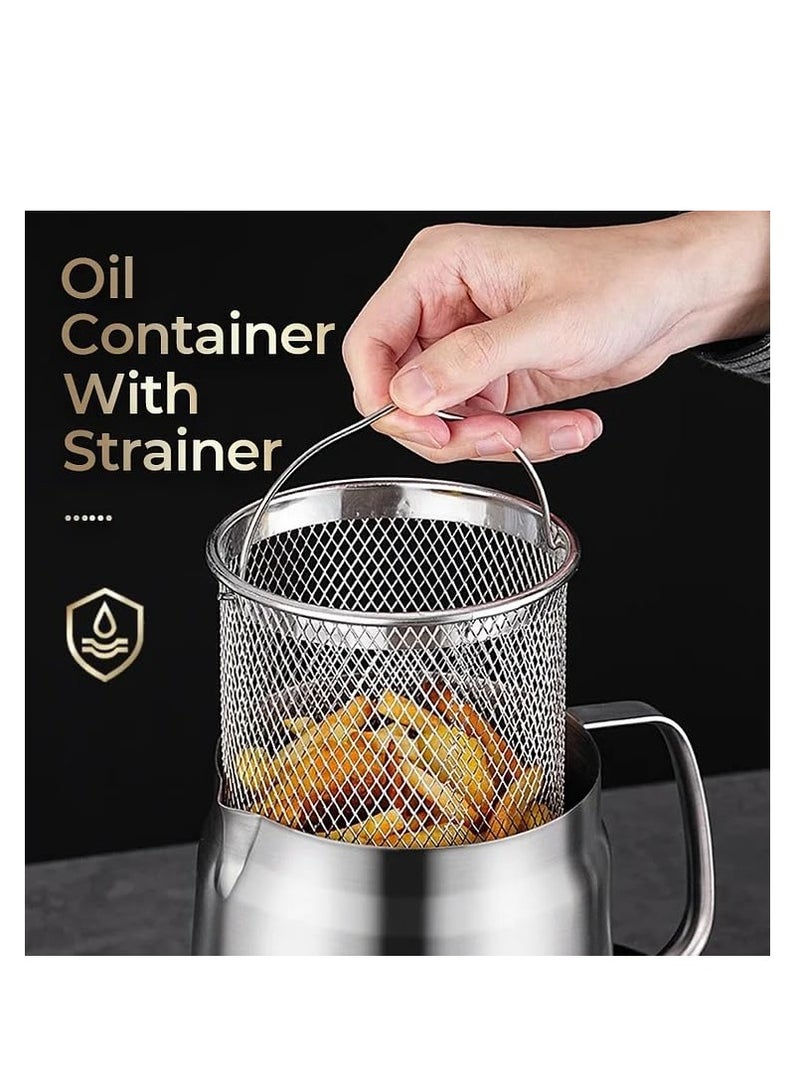 Stainless Steel Oil Filter Pot, 50oz Grease Container with Fine Mesh Strainer, 304 Stainless Steel, Large Capacity, Versatile Oil Filter Vessel, Multi-Function Frying Net Tank for Kitchen/Camping