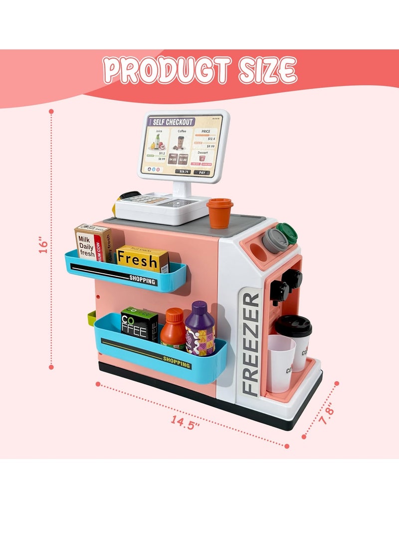 46Pcs Pretend Play Cash Register Toy Set, Children's Supermarket Vending Machine with Calculator, Shopping Bag, Scanners, Credit Cards, Coffee Machine, Play Food, Gift for Boys and Girls Ages 3+