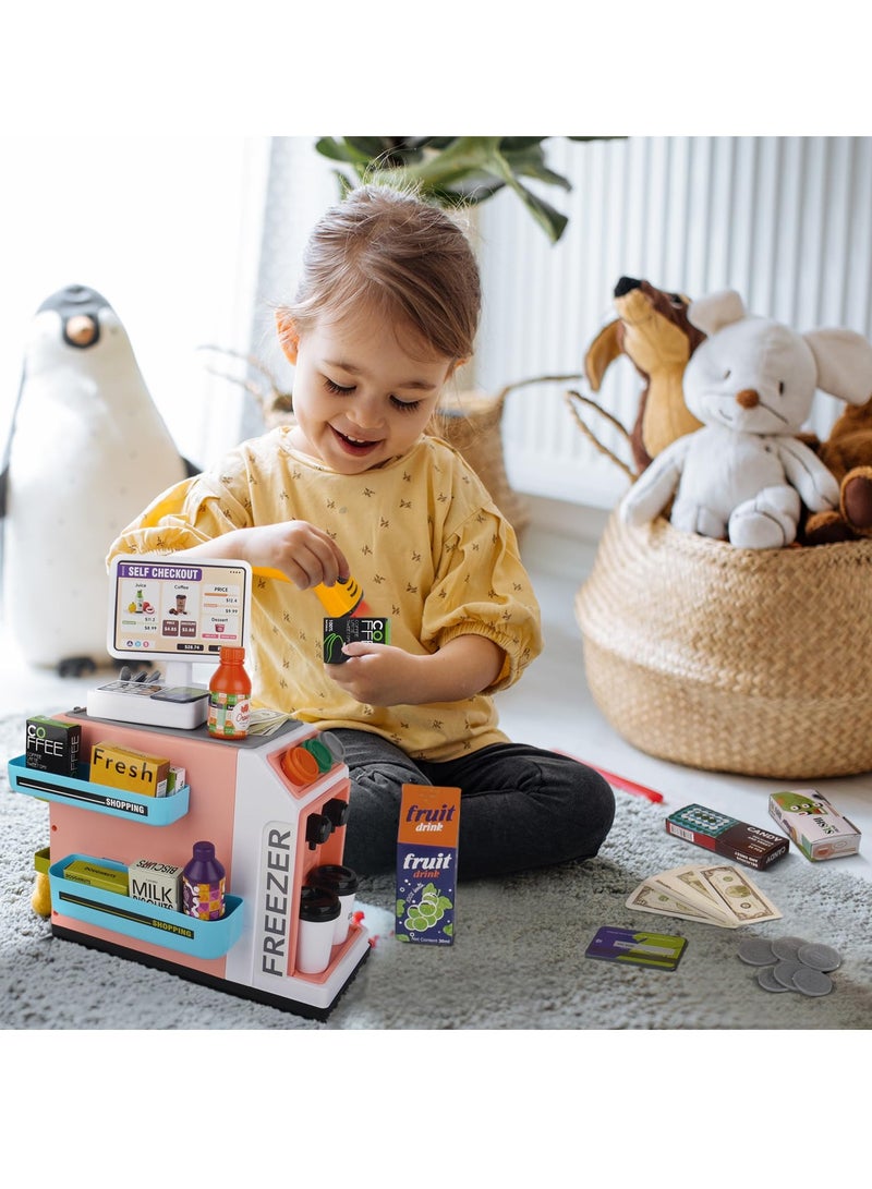 46Pcs Pretend Play Cash Register Toy Set, Children's Supermarket Vending Machine with Calculator, Shopping Bag, Scanners, Credit Cards, Coffee Machine, Play Food, Gift for Boys and Girls Ages 3+