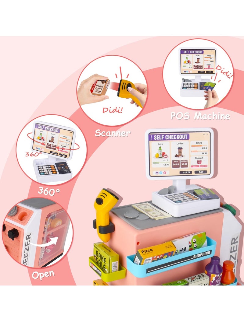 46Pcs Pretend Play Cash Register Toy Set, Children's Supermarket Vending Machine with Calculator, Shopping Bag, Scanners, Credit Cards, Coffee Machine, Play Food, Gift for Boys and Girls Ages 3+