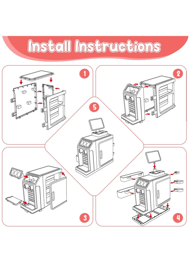 46Pcs Pretend Play Cash Register Toy Set, Children's Supermarket Vending Machine with Calculator, Shopping Bag, Scanners, Credit Cards, Coffee Machine, Play Food, Gift for Boys and Girls Ages 3+