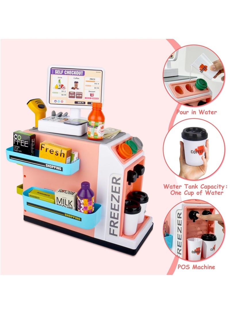 46Pcs Pretend Play Cash Register Toy Set, Children's Supermarket Vending Machine with Calculator, Shopping Bag, Scanners, Credit Cards, Coffee Machine, Play Food, Gift for Boys and Girls Ages 3+