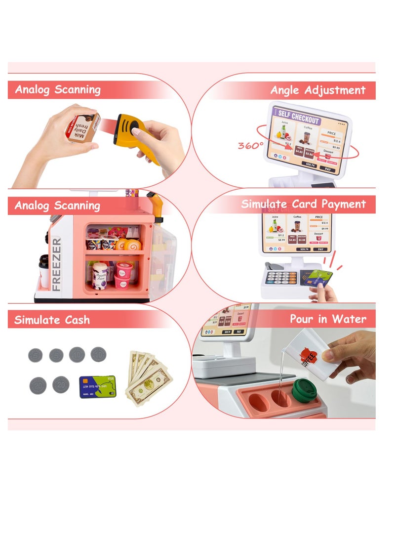 46Pcs Pretend Play Cash Register Toy Set, Children's Supermarket Vending Machine with Calculator, Shopping Bag, Scanners, Credit Cards, Coffee Machine, Play Food, Gift for Boys and Girls Ages 3+