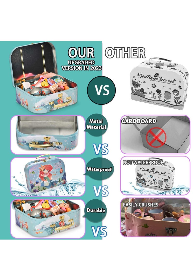 52Pcs Mermaid Tea Party Set for Little Girls, Princess Tea Time Pretend Kitchen Toys, Pretend Tin Teapot Set with Metal Carrying Case, Desserts, Cookies, Doughnut, Cake, Gift for Age 3-12 Year Olds