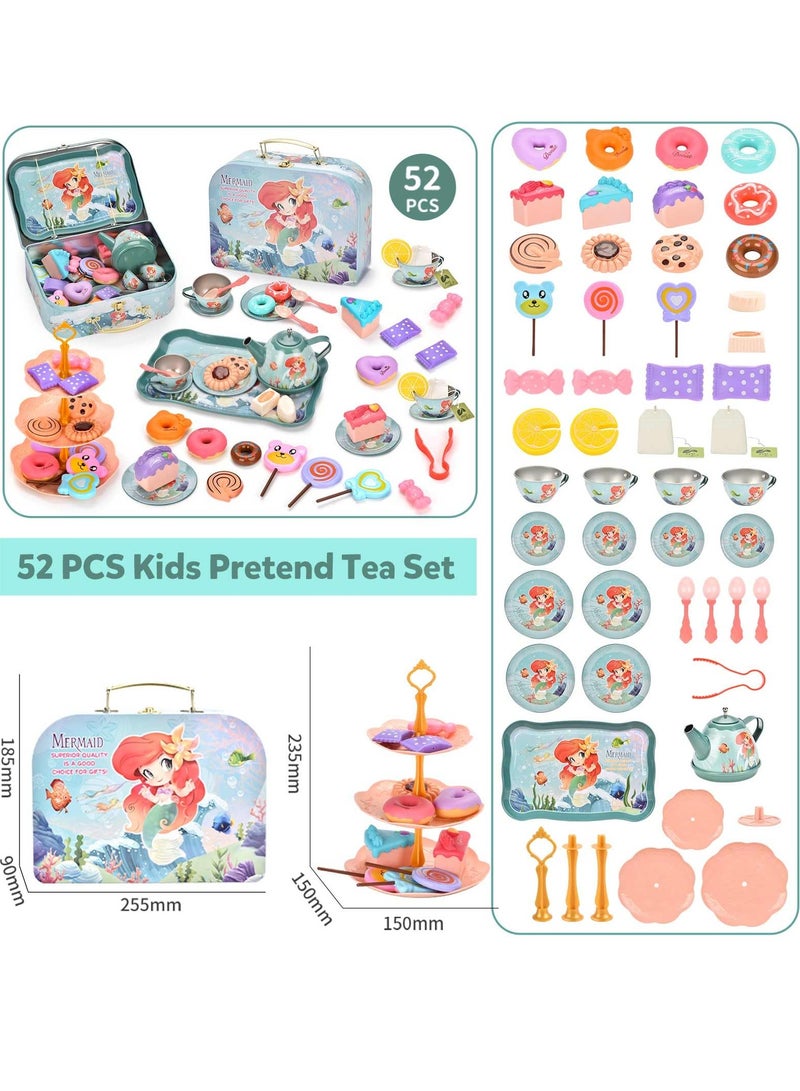 52Pcs Mermaid Tea Party Set for Little Girls, Princess Tea Time Pretend Kitchen Toys, Pretend Tin Teapot Set with Metal Carrying Case, Desserts, Cookies, Doughnut, Cake, Gift for Age 3-12 Year Olds