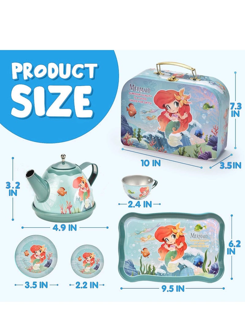 52Pcs Mermaid Tea Party Set for Little Girls, Princess Tea Time Pretend Kitchen Toys, Pretend Tin Teapot Set with Metal Carrying Case, Desserts, Cookies, Doughnut, Cake, Gift for Age 3-12 Year Olds