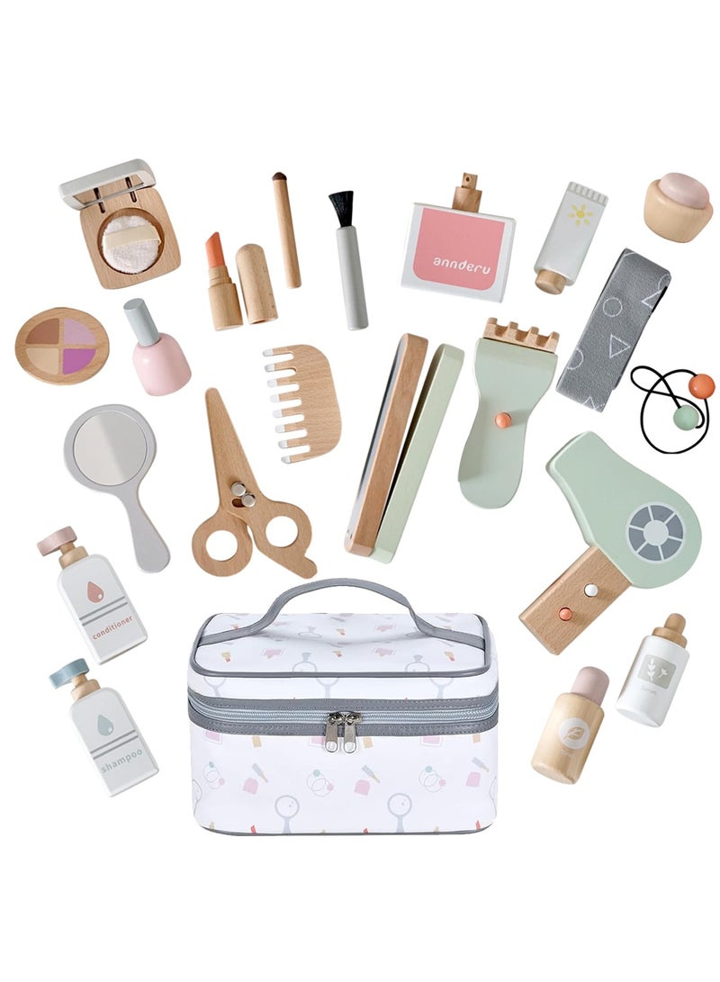 22PCS Pretend Role Play Toy, Wood Beauty Salon Toys Set for Girl, with Realistic Accessories, Princess Lipstick Set with Haircut, Manicure, Makeup Box, Accessories Bag Gift for Girls 3-12