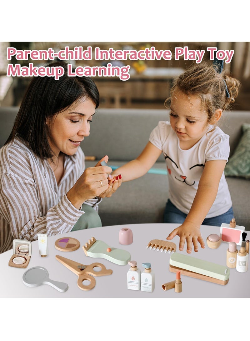 22PCS Pretend Role Play Toy, Wood Beauty Salon Toys Set for Girl, with Realistic Accessories, Princess Lipstick Set with Haircut, Manicure, Makeup Box, Accessories Bag Gift for Girls 3-12