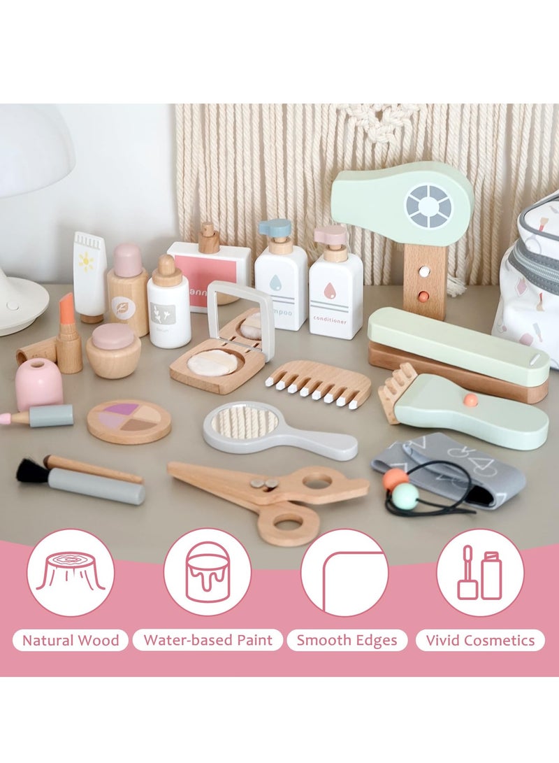 22PCS Pretend Role Play Toy, Wood Beauty Salon Toys Set for Girl, with Realistic Accessories, Princess Lipstick Set with Haircut, Manicure, Makeup Box, Accessories Bag Gift for Girls 3-12