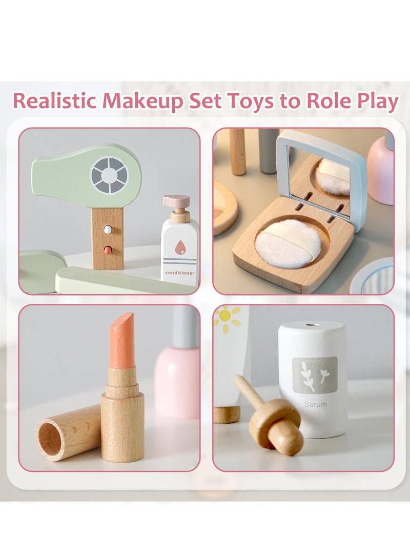 22PCS Pretend Role Play Toy, Wood Beauty Salon Toys Set for Girl, with Realistic Accessories, Princess Lipstick Set with Haircut, Manicure, Makeup Box, Accessories Bag Gift for Girls 3-12