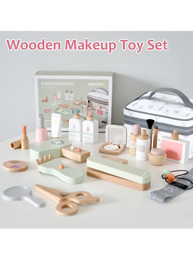 22PCS Pretend Role Play Toy, Wood Beauty Salon Toys Set for Girl, with Realistic Accessories, Princess Lipstick Set with Haircut, Manicure, Makeup Box, Accessories Bag Gift for Girls 3-12