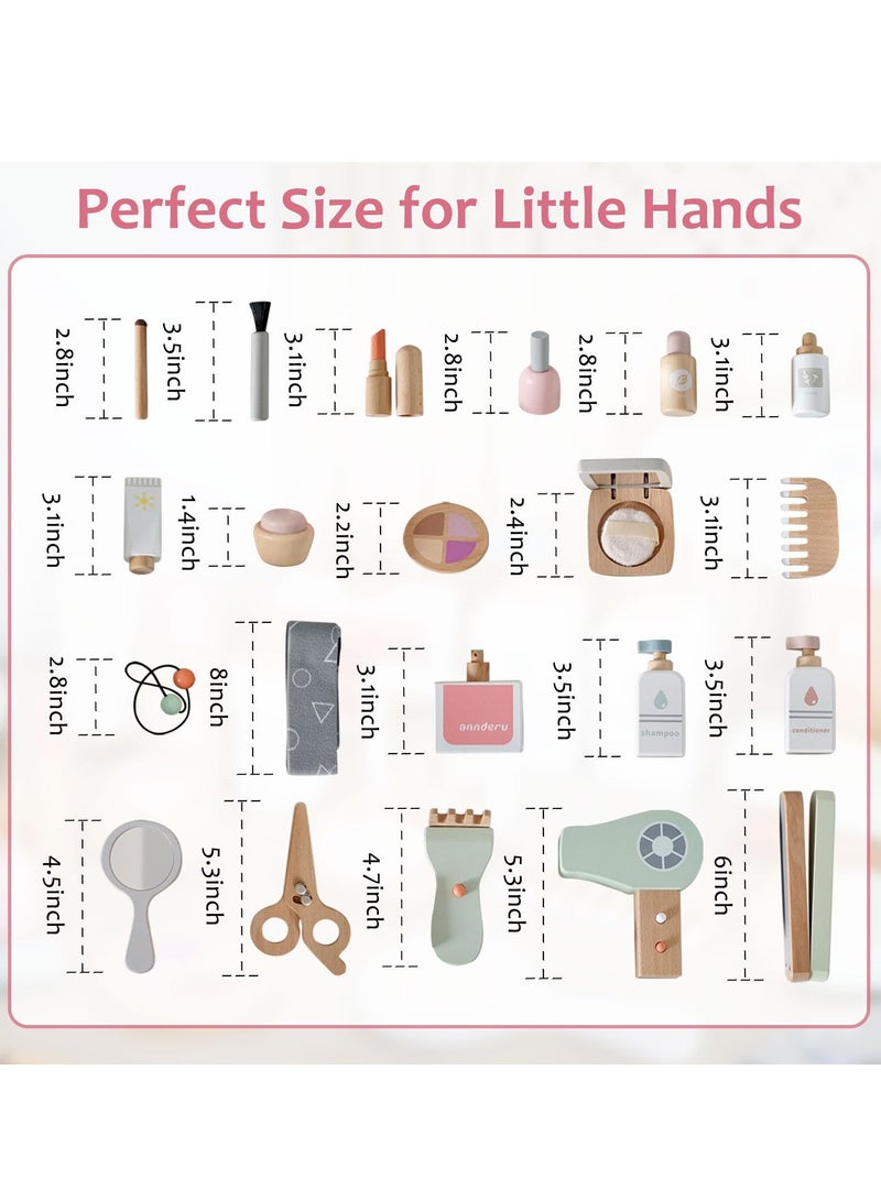 22PCS Pretend Role Play Toy, Wood Beauty Salon Toys Set for Girl, with Realistic Accessories, Princess Lipstick Set with Haircut, Manicure, Makeup Box, Accessories Bag Gift for Girls 3-12