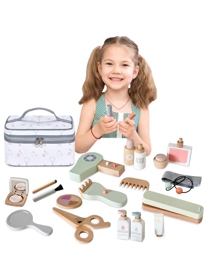 22PCS Pretend Role Play Toy, Wood Beauty Salon Toys Set for Girl, with Realistic Accessories, Princess Lipstick Set with Haircut, Manicure, Makeup Box, Accessories Bag Gift for Girls 3-12