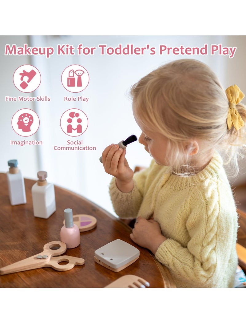 22PCS Pretend Role Play Toy, Wood Beauty Salon Toys Set for Girl, with Realistic Accessories, Princess Lipstick Set with Haircut, Manicure, Makeup Box, Accessories Bag Gift for Girls 3-12