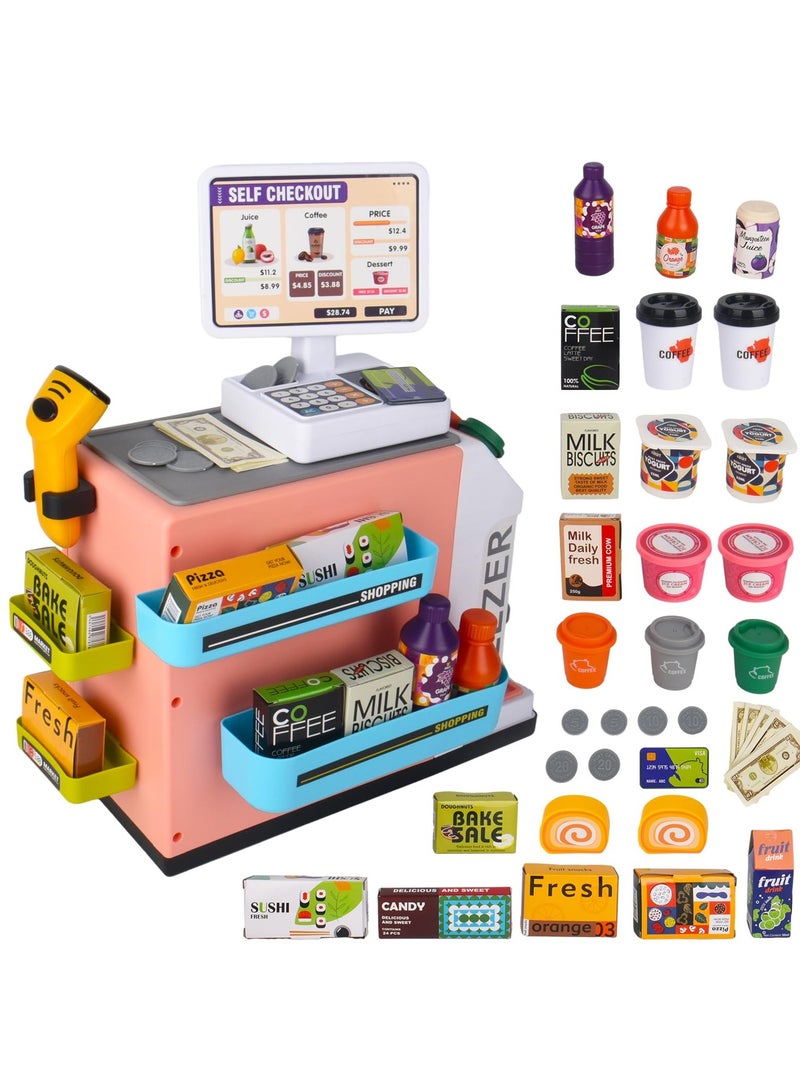 46Pcs Pretend Play Cash Register Toy Set Children's Supermarket Vending Machine with Calculator Shopping Bag Scanners Credit Cards Coffee Machine Play Food Gift for Boys and Girls Ages 3+