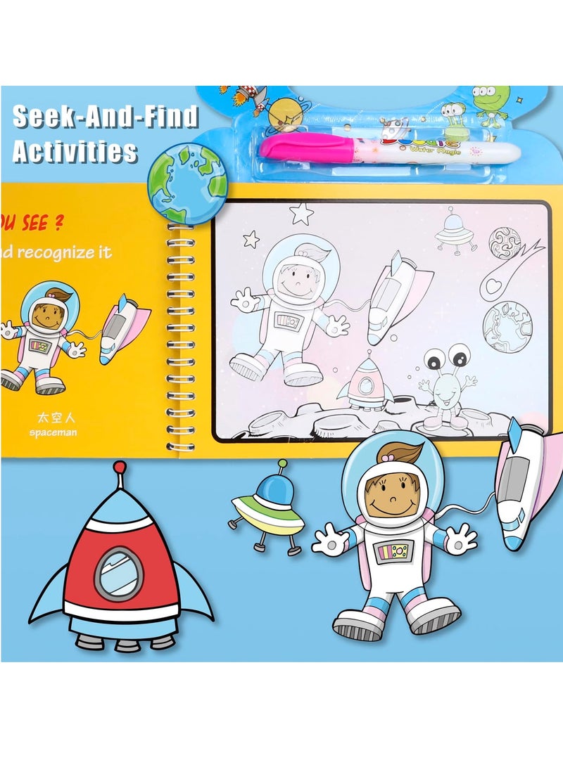 4 Pack Water Coloring Books, Repeatedly Scribbling Magic Water Book Vehicle Pirate Space Odyssey World Tour 4 Different Themes Magic Water Paint Coloring Books for Toddler Crafts for Girls Boys