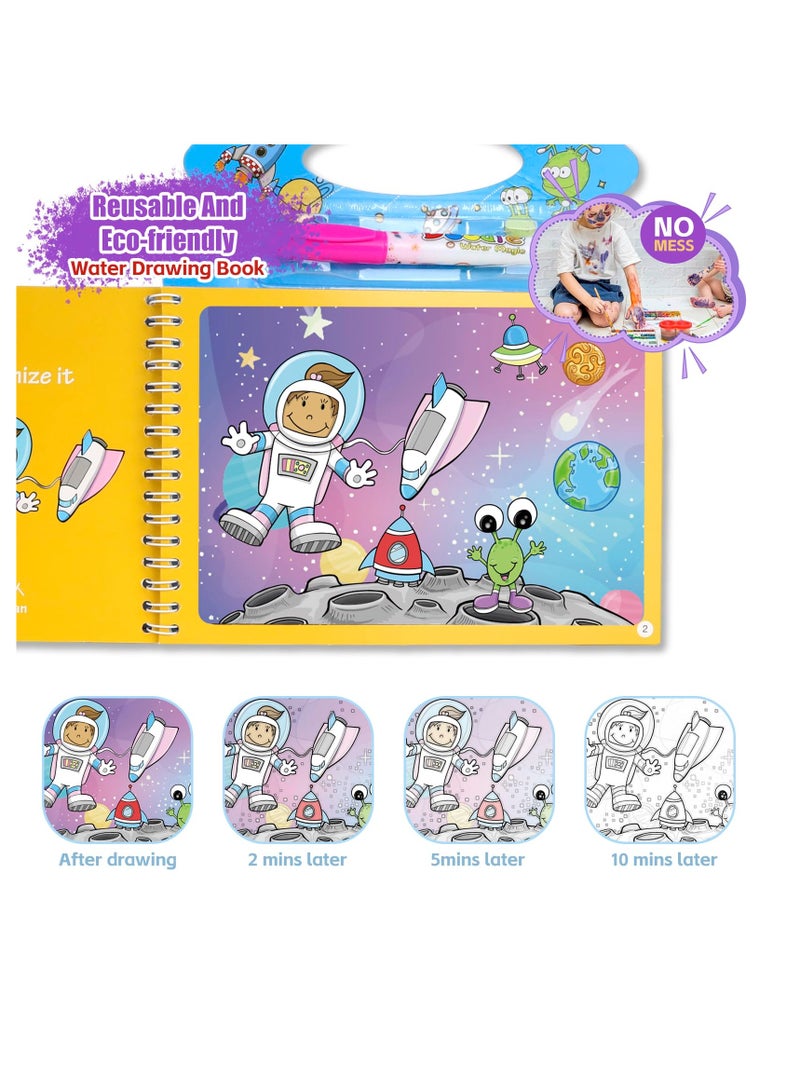 4 Pack Water Coloring Books, Repeatedly Scribbling Magic Water Book Vehicle Pirate Space Odyssey World Tour 4 Different Themes Magic Water Paint Coloring Books for Toddler Crafts for Girls Boys