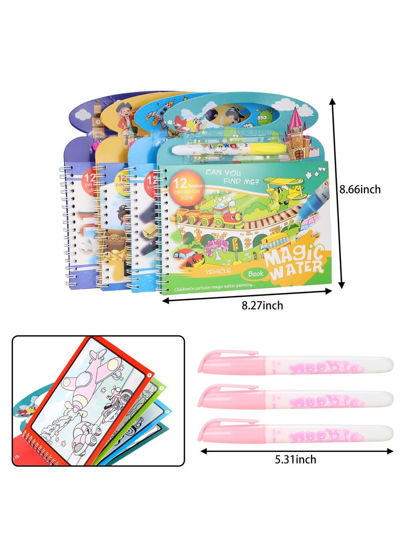 4 Pack Water Coloring Books, Repeatedly Scribbling Magic Water Book Vehicle Pirate Space Odyssey World Tour 4 Different Themes Magic Water Paint Coloring Books for Toddler Crafts for Girls Boys