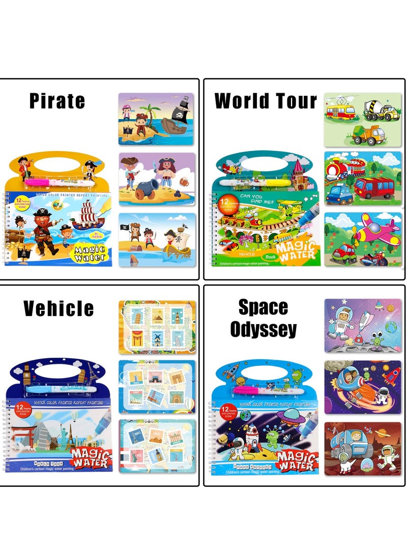 4 Pack Water Coloring Books, Repeatedly Scribbling Magic Water Book Vehicle Pirate Space Odyssey World Tour 4 Different Themes Magic Water Paint Coloring Books for Toddler Crafts for Girls Boys