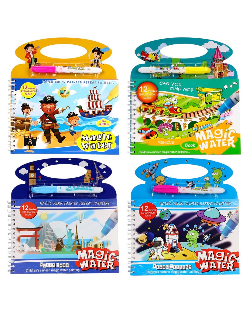 4 Pack Water Coloring Books, Repeatedly Scribbling Magic Water Book Vehicle Pirate Space Odyssey World Tour 4 Different Themes Magic Water Paint Coloring Books for Toddler Crafts for Girls Boys