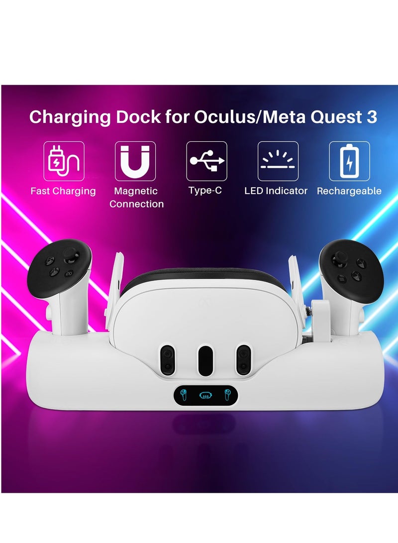 Charging Dock for Oculus/Meta Quest 3, VR Headset Charging Stand for Quest 3 Headset & Controller Charging Station with 2 Rechargeable Batteries and Indicator