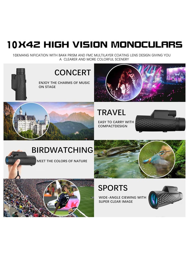 Monocular Telescope, 10 x 42 Compact Monoculars for Adults, High Porwered Monoculrar, with Smartphone Adapter &Tripod HD Monocular, for Viewing Wildlife Hunting Bird Watching Hiking Traveling