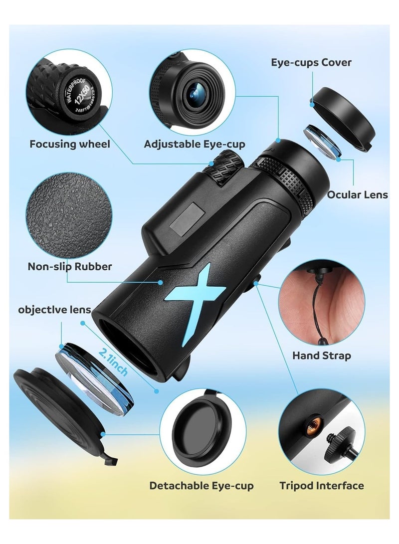 12x50 High-Power Monocular Telescope with Smartphone Tripod, Portable Bag - Monocular Telescope, Ideal for Bird Watching, Hunting, Hiking, Camping, Large Vision with BAK4 Prism & FMC Lens Technology