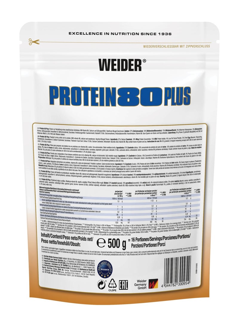 Protein 80 Plus - 500g, Hazelnut Nougat Flavor - Premium Multi-Component Protein Powder for Muscle Growth and Recovery