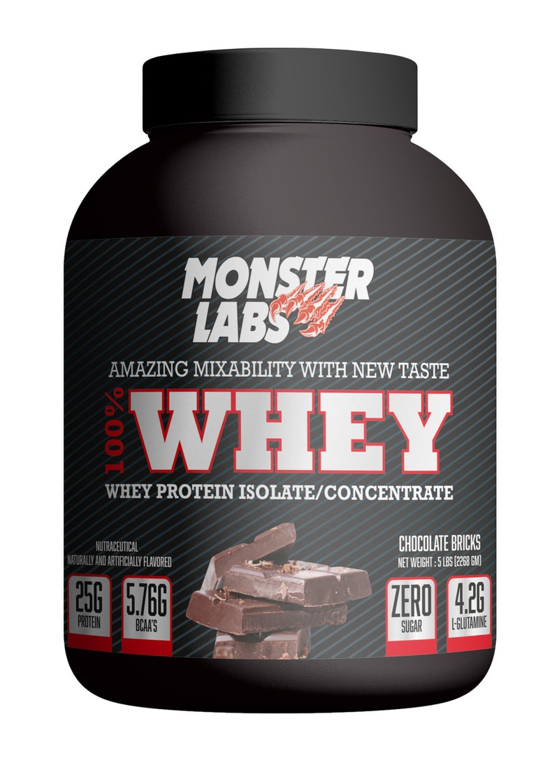 Monster Labs 100% Whey Protein, 25 Grams of Protein for Muscle Support and Recovery - Chocolate Bricks, 5lbs (76 Servings)