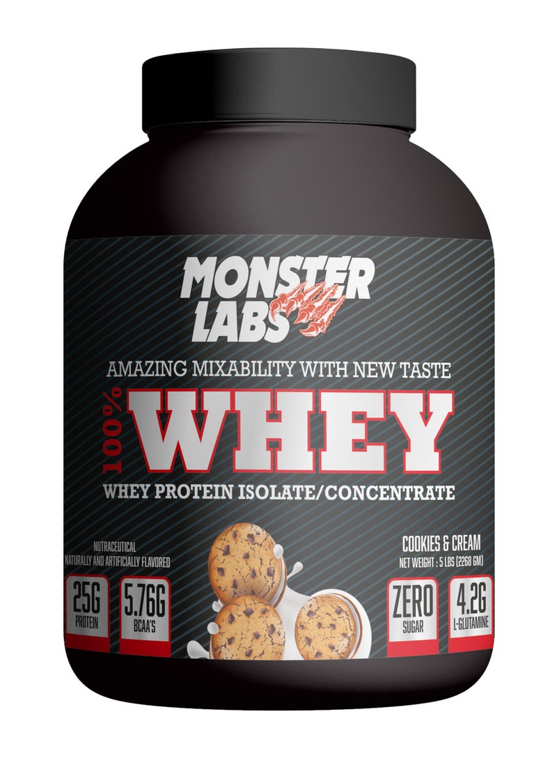 Monster Labs 100% Whey Protein, 25 Grams of Protein for Muscle Support and Recovery - Cookies & Cream, 5lbs (76 Servings)