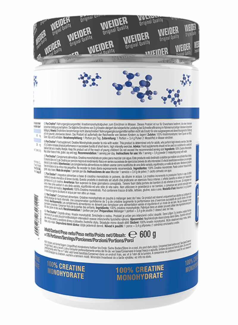 Pure Creatine - 600g, Premium Creapure® Creatine Monohydrate for Enhanced Muscle Performance