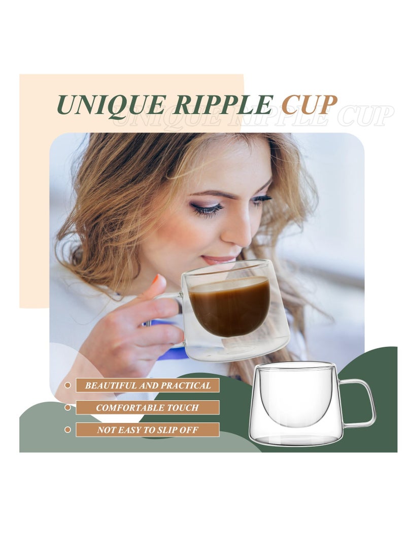 Double Wall Glass Coffee Mugs 6.8 oz, 6 Pcs Clear Insulated Coffee Mugs with Square Handle, Glass Heat Resistant Coffee Cups Tea Cups Gift Set for Espresso, Cappuccino, Latte, Tea, Beverage